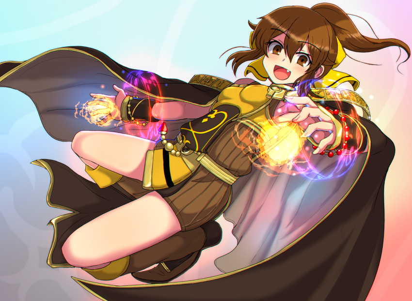 1girl, :d, boots, bow, bracelet, breasts, brown_cape, brown_eyes
