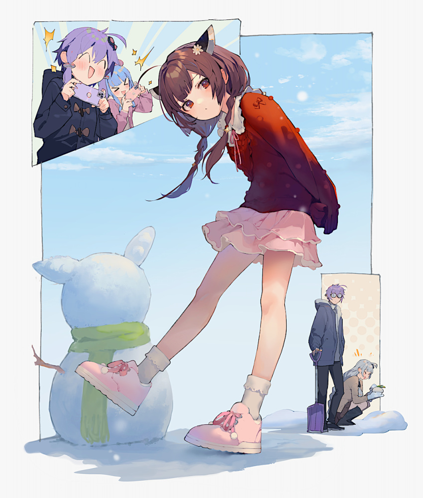 >_<, 1boy, 4girls, ^_^, ahoge, alternate_costume, alternate_hairstyle, arms_behind_back
