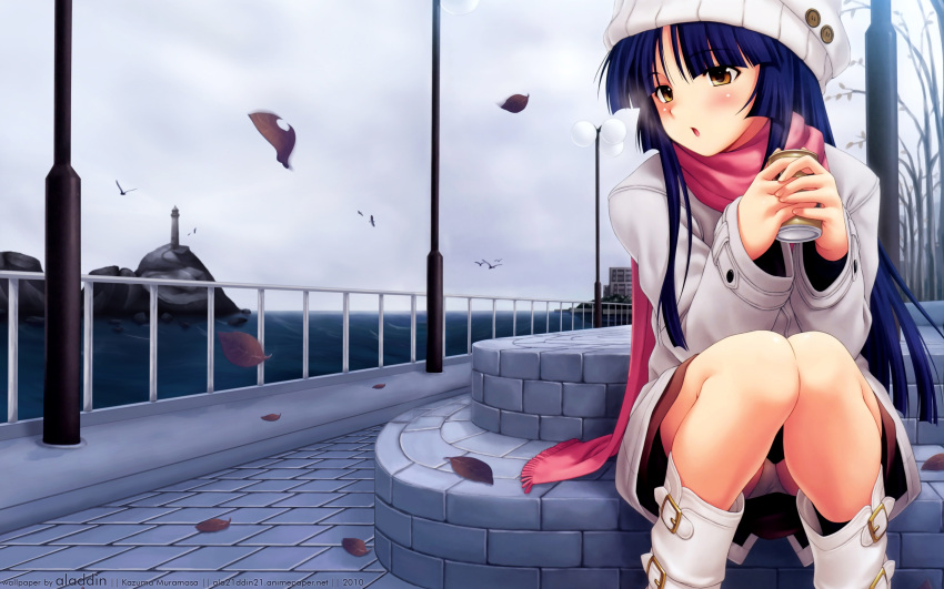 bird, blue_hair, blush, brown_eyes, drink, hat, hikari_(pokemon), kazuma_muramasa