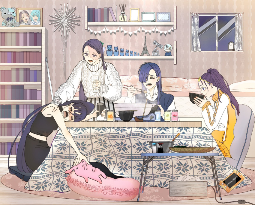 4girls, ado_(utaite), akuru-chan, black_shirt, blue_hair, blue_sweater_vest, blush, bookshelf