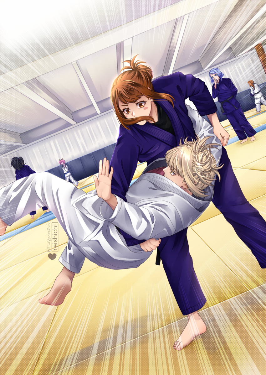 6+girls, absurdres, artist_name, ashido_mina, barefoot, black_hair, blonde_hair, blue_eyes
