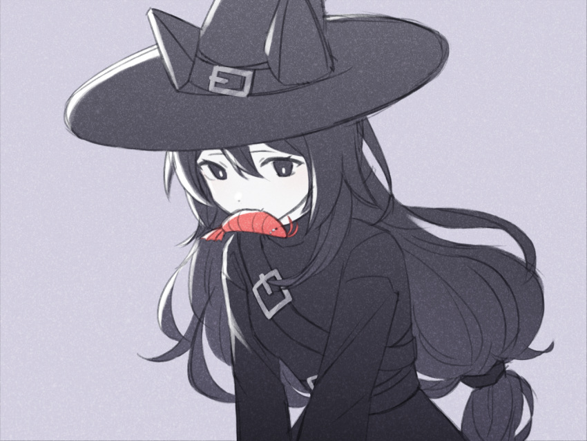 1girl, 2girls, animal_ears, animal_in_mouth, belt, black_dress, black_eyes, black_hair