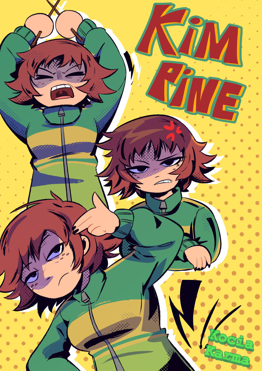 1girl, absurdres, anger_vein, artist_name, black_eyes, breasts, brown_hair, character_name, closed_eyes, closed_mouth, commentary, crossed_arms, drumsticks, english_commentary, freckles, frown, green_jacket, highres, holding, holding_drumsticks, jacket, karmakoo, kim_pine, long_sleeves, looking_at_viewer, multiple_views, open_mouth, scott_pilgrim_(series), short_hair, yellow_background