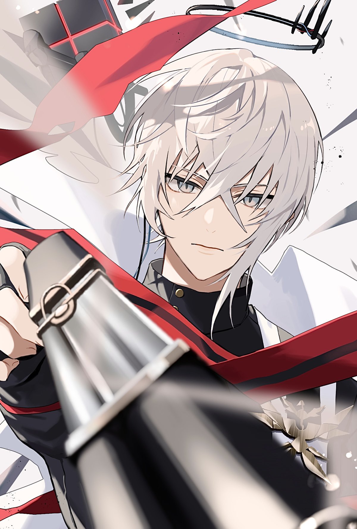 1boy, arknights, black_gloves, black_halo, black_jacket, black_wings, blue_eyes, blurry, blurry_foreground, buttons, cable, cloak, closed_mouth, commentary_request, crossed_bangs, cube, depth_of_field, detached_wings, executor_(arknights), executor_the_ex_foedere_(arknights), expressionless, fingerless_gloves, fingernails, floating_cape, gloves, grey_background, grey_hair, gun, hair_between_eyes, halo, hand_up, high_collar, highres, hishoti_cheese, holding, holding_gun, holding_weapon, jacket, lever_action, lips, long_bangs, long_sleeves, looking_at_viewer, male_focus, mechanical_halo, mechanical_wings, medal, messy_hair, official_alternate_costume, red_cloak, shade, shadow, short_hair, shotgun, smoke, smoke_trail, solo, torn_cloak, torn_clothes, turtleneck, turtleneck_jacket, two-tone_cloak, upper_body, weapon, white_cloak, wings
