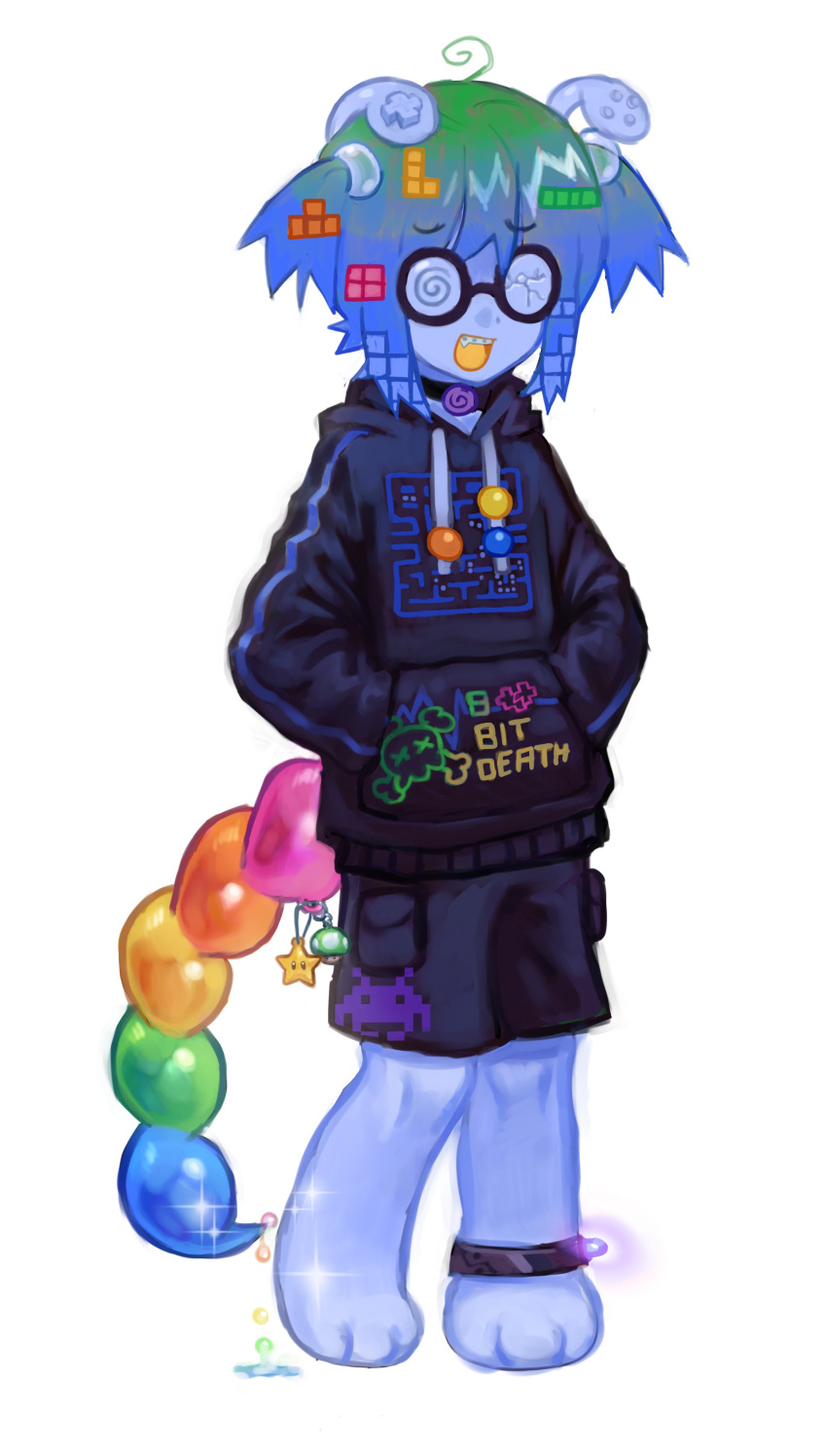 1-up_mushroom, 1other, 3geek5u, absurdres, black_hoodie, black_shorts, blue_hair, broken_eyewear