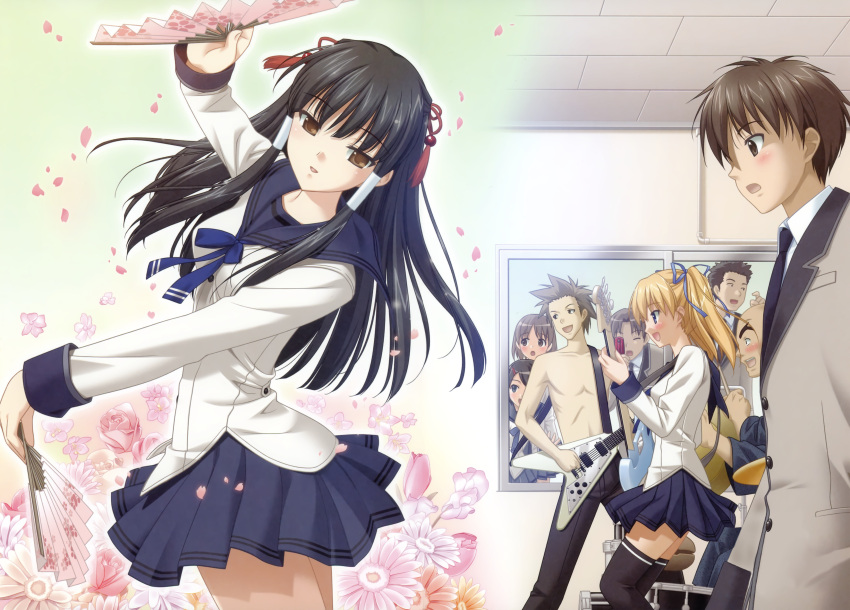 ashiwara_otoya, blush, guitar, kaji_goutetsu, kurusu_manami, oouchi_itsuki, peko, scan, seifuku, tamafuri_series, thigh-highs