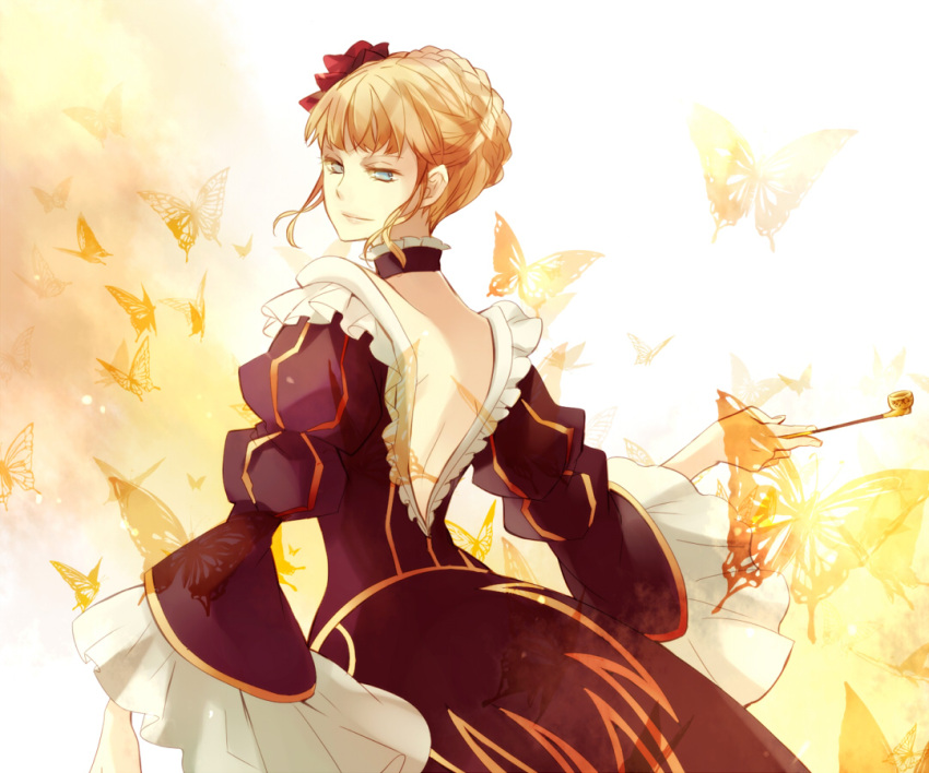 ayko, beatrice, blonde_hair, butterfly, dress, flower, from_behind, hair_bun