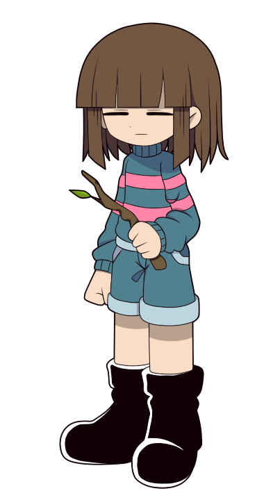 1other, androgynous, black_footwear, blue_shorts, blue_sweater, boots, brown_hair, closed_eyes, closed_mouth, expressionless, frisk_(undertale), funamusea_(style), holding, holding_stick, leaf, shirt, short_hair, shorts, simple_background, stick, striped, striped_shirt, striped_sweater, sweater, thc_(thc3795), undertale, white_background