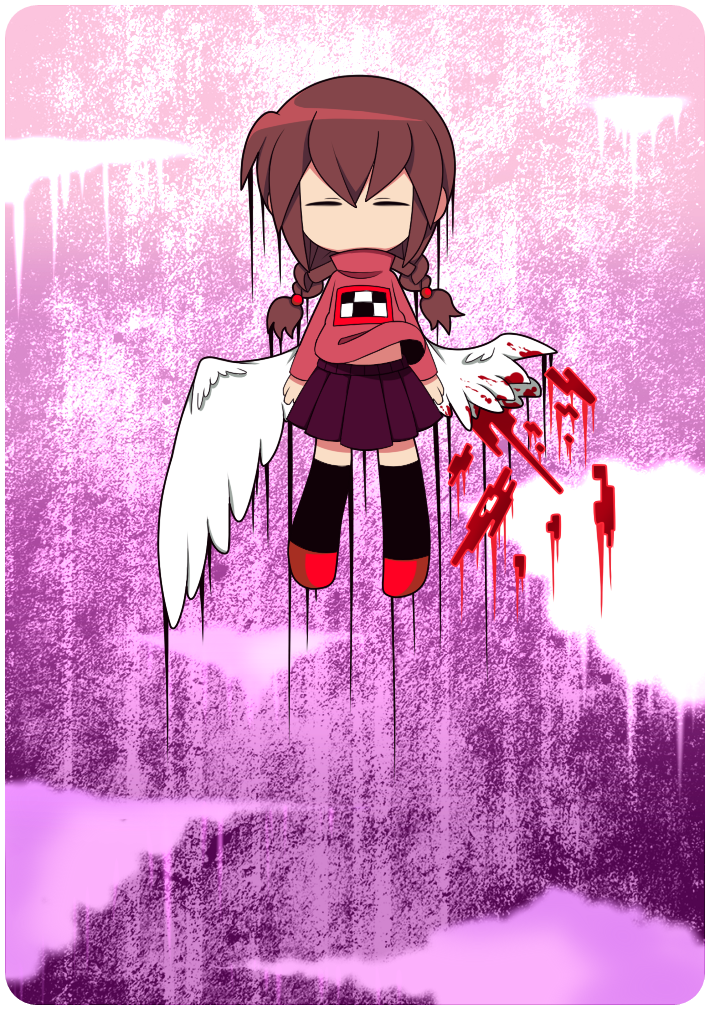 1girl, angel_wings, black_thighhighs, blood, bloody_wings, border, braid, brown_hair, closed_eyes, clouds, feathered_wings, flying, funamusea_(style), madotsuki, no_mouth, pink_background, pink_sweater, print_sweater, purple_skirt, red_footwear, skirt, solo, sweater, thc_(thc3795), thigh-highs, turtleneck, turtleneck_sweater, twin_braids, white_border, wings, yume_nikki