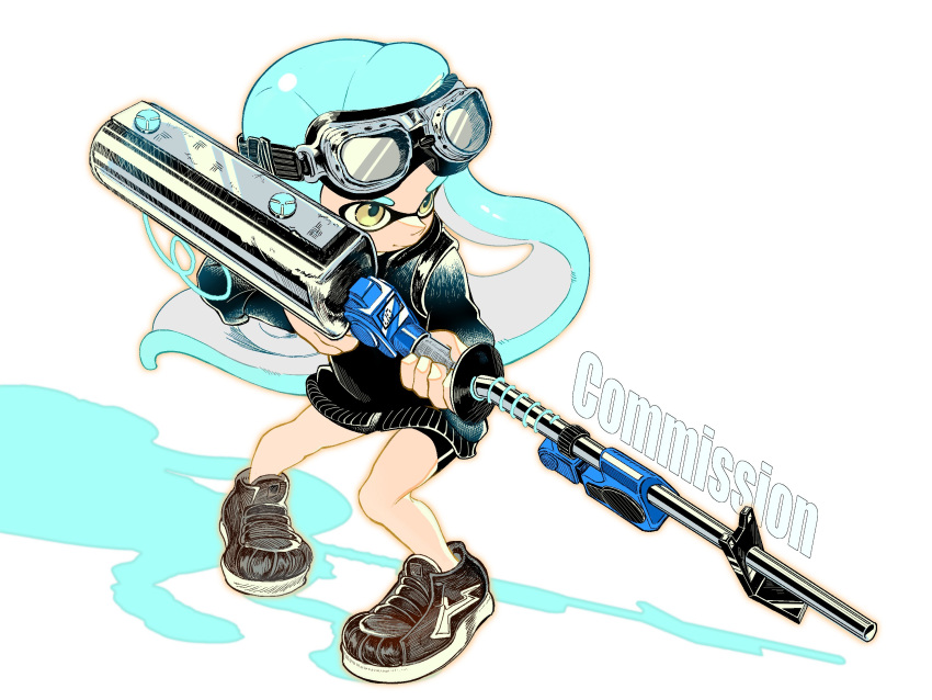 1girl, black_sweater, blue_hair, commentary_request, commission, e-liter_4k_(splatoon), full_body, goggles
