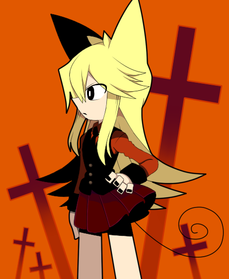 1girl, animal_ears, black_eyes, black_nails, black_vest, blonde_hair, bright_pupils, cat_ears, cat_girl, cat_tail, cross, from_side, funamusea, funamusea_(style), long_hair, looking_to_the_side, moge-ko, mogeko_castle, necktie, orange_background, pleated_skirt, red_shirt, red_skirt, shirt, skirt, solo, standing, tail, thc_(thc3795), vest, white_pupils