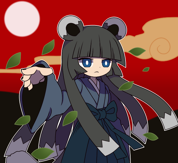 1girl, animal_ears, blue_bow, blue_eyes, blue_kimono, bow, bright_pupils, closed_mouth, clouds, funamusea, funamusea_(style), grey_hair, hand_up, hofuru_(funamusea), japanese_clothes, kimono, leaf, long_hair, moon, mountain, oounabara_to_wadanohara, raccoon_ears, raccoon_girl, raccoon_tail, red_background, solo, tail, thc_(thc3795), white_pupils, wind