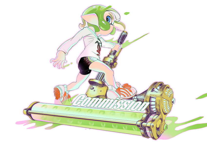 1girl, absurdres, bike_shorts, blue_eyes, commentary_request, commission, dynamo_roller_(splatoon), full_body