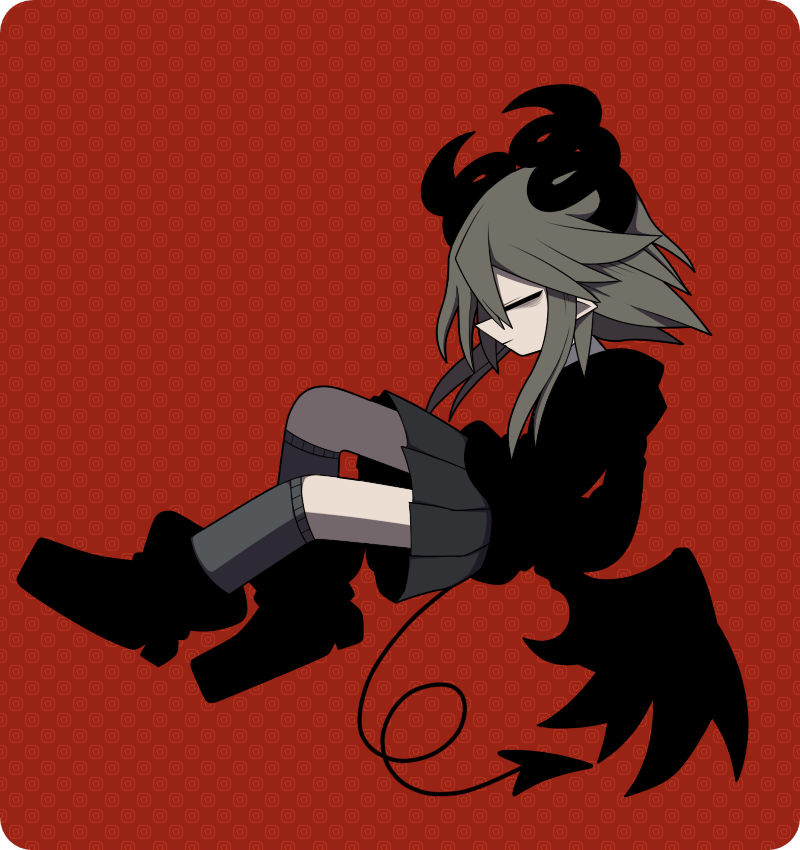 1girl, black_footwear, black_hoodie, black_horns, black_tail, black_wings, blonde_hair, boots