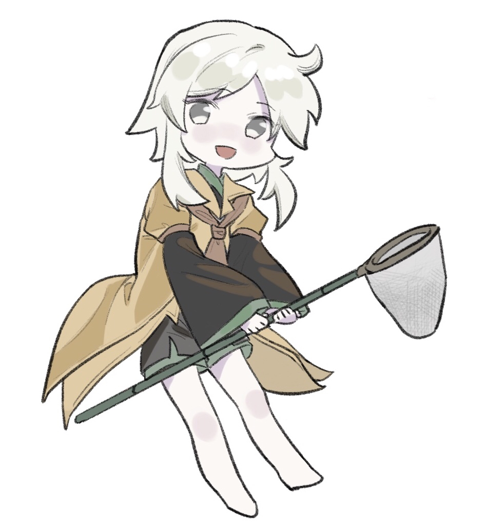 1other, ahoge, androgynous, ascot, bare_legs, barefoot, black_shorts, black_sleeves, brown_ascot, brown_coat, brown_sleeves, butterfly_net, coat, collared_coat, commentary, dated_commentary, full_body, green_trim, hand_net, holding, holding_butterfly_net, houlen_yabusame, jinbei_(clothes), jishixingle1029, layered_sleeves, len'en, long_sleeves, looking_at_viewer, open_mouth, other_focus, pale_skin, puffy_short_sleeves, puffy_sleeves, short_hair_with_long_locks, short_over_long_sleeves, short_sleeves, shorts, simple_background, sleeves_past_wrists, smile, solo, white_background, white_eyes, white_hair, wide_sleeves