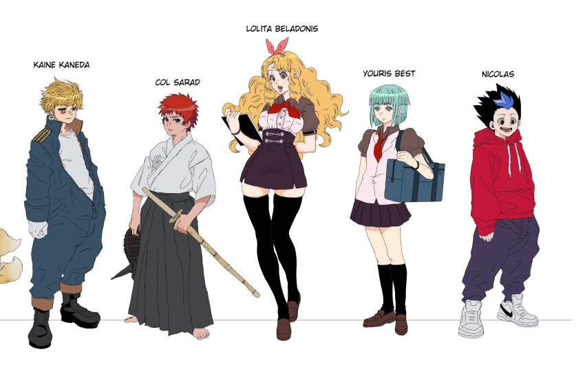 absurdres, akwaro_phenomenon_re, col_sarad, full_body, highres, kaine_kaneda, kat_yuusha, lolita_beladonis, multiple_boys, multiple_girls, naughty_face, nicolas_(akwaro_phenomenon_re), non-web_source, reference_sheet, serious, shoes, smile, youris_best