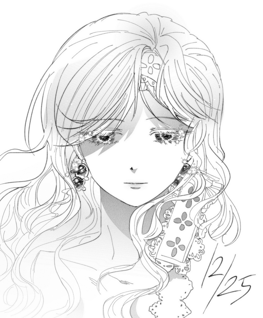 1girl, closed_mouth, commentary_request, dated, earrings, english_commentary, eternity_(reverse:1999), greyscale