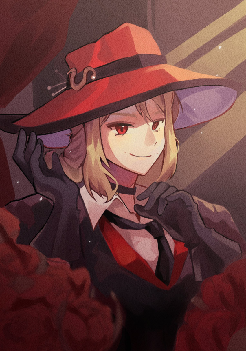 1girl, black_choker, black_gloves, black_jacket, black_necktie, brown_hair, choker, closed_mouth, commentary_request, curtains, flower, gloves, hands_up, hat, highres, inae2546, indoors, jacket, korean_commentary, long_hair, looking_at_viewer, mole_beside_mouth, necktie, red_eyes, red_flower, redhead, reverse:1999, smile, solo, tennant_(reverse:1999), upper_body