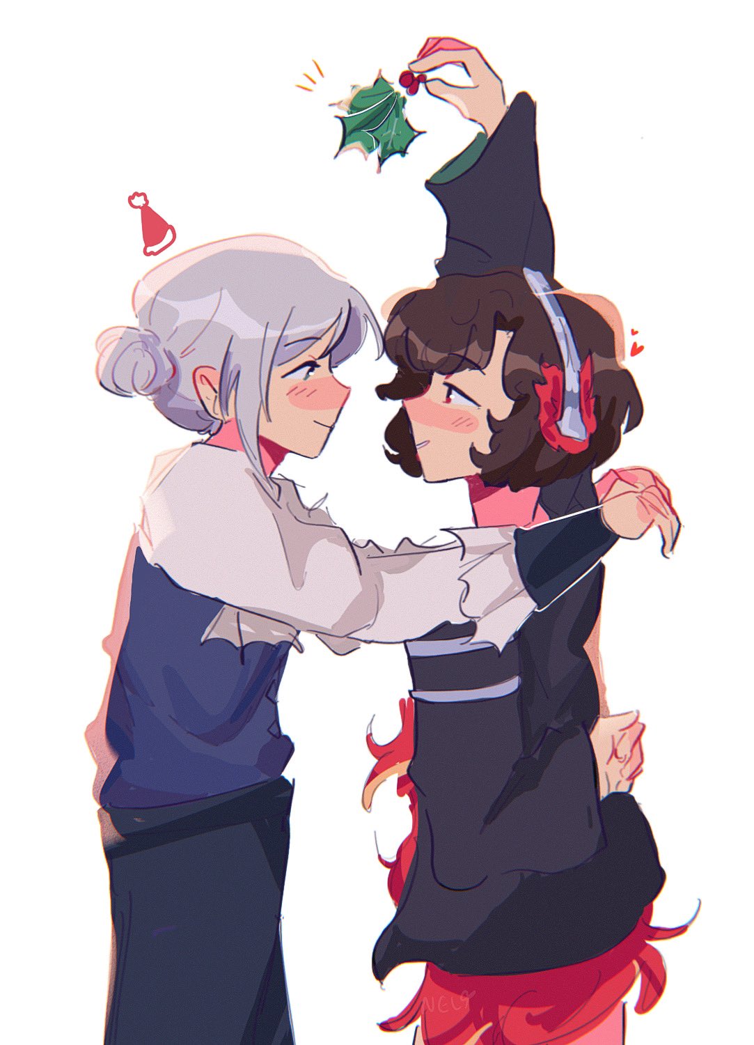 2girls, arms_around_neck, black_jacket, blue_vest, blush, brown_hair, closed_mouth, commentary