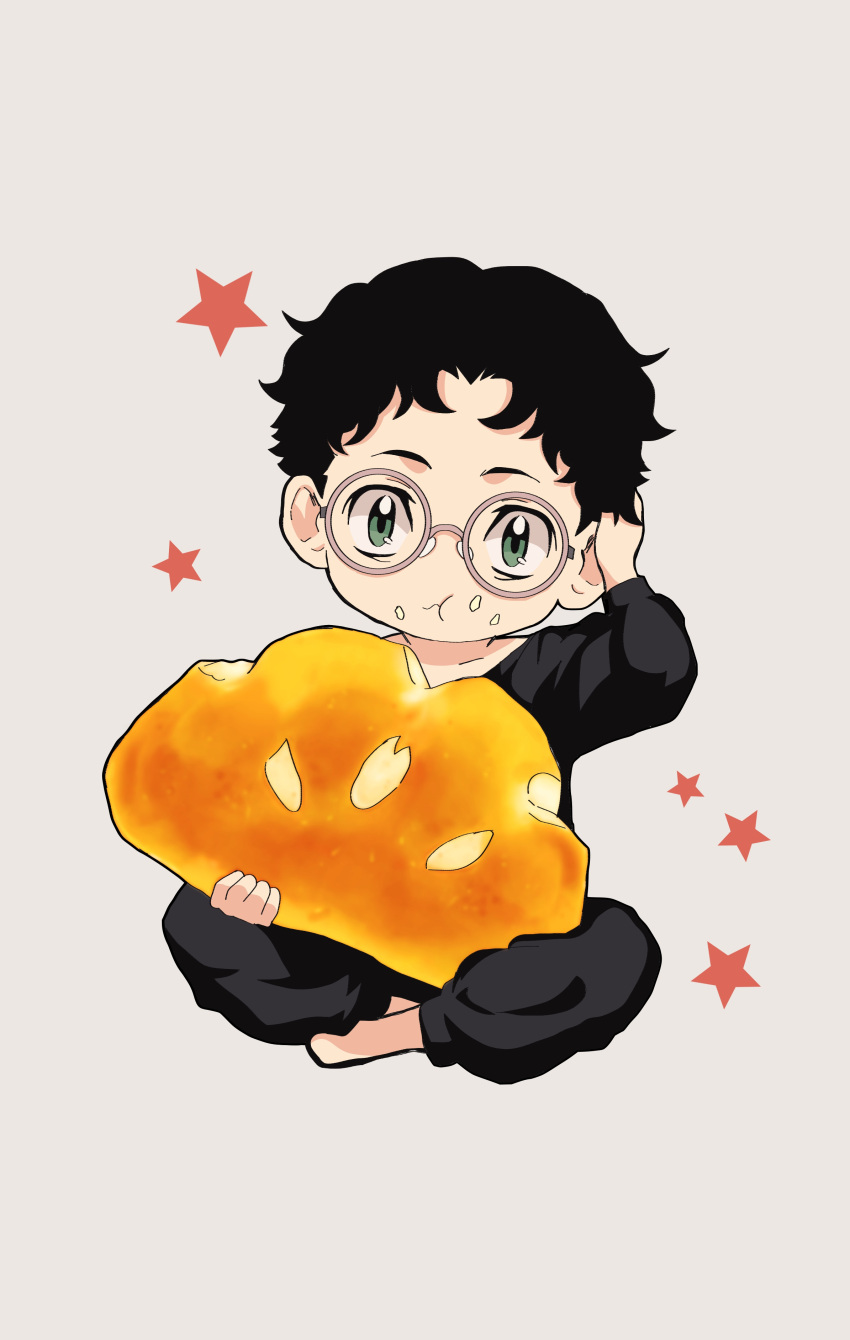 absurdres, akwaro_bemien, akwaro_phenomenon_re, black_hair, braid, chibi, eating, food