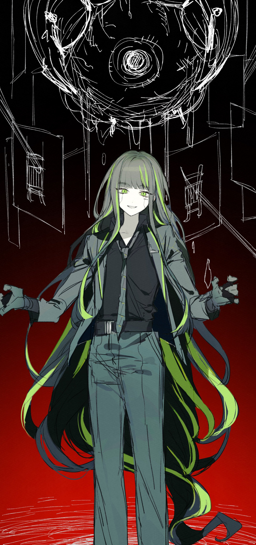 1girl, absurdres, alfonso_(project_moon), black_coat, black_gloves, black_hair, black_pants, black_shirt