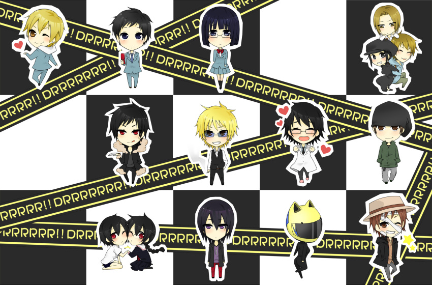 celty_sturluson, chibi, durarara!, heiwajima_kasuka, kadota_kyohey, karisawa_eria, kida_masaomi, kishitani_shinra