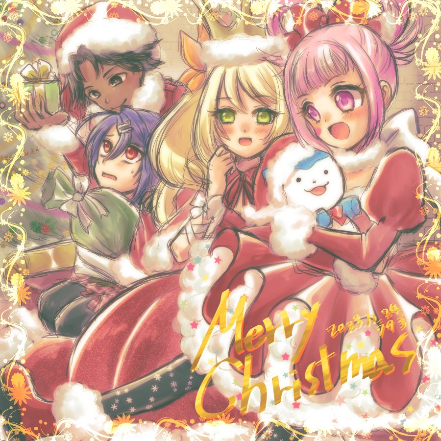 2boys, 2girls, 793_(oo793oo), :d, alcryst_(fire_emblem), alternate_costume, blonde_hair, blunt_bangs, box, brown_eyes, brown_hair, butterfly_hair_ornament, celine_(fire_emblem), christmas, crown, dark-skinned_male, dark_skin, dated, dress, fire_emblem, fire_emblem_engage, fogado_(fire_emblem), gift, gift_bag, gift_box, green_eyes, hair_between_eyes, hair_ornament, hair_rings, hat, holding, holding_gift, hortensia_(fire_emblem), long_hair, merry_christmas, multiple_boys, multiple_girls, open_mouth, pink_eyes, pink_hair, purple_hair, red_dress, red_eyes, red_headwear, santa_dress, santa_hat, short_hair, smile, sommie_(fire_emblem), very_long_hair