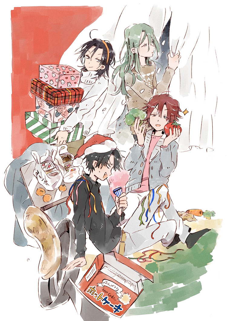 4boys, ahoge, bag, belt, black_hair, black_sleeves, black_socks, black_sweater, box_stack, brown_belt, brown_pants, brown_sleeves, brown_sweater, buttons, carrot, christmas, closed_mouth, coattails, collared_jacket, curtains, fang, food, from_side, fruit, frying_pan, full_body, fur-trimmed_headwear, fur_trim, gift, green_hair, grey_jacket, grey_pants, grey_sleeves, grocery_bag, h_kawa, hairband, half-closed_eyes, hat, holding, holding_food, holding_party_popper, ibitani_ryou, indoors, jacket, kotatsu, layered_sleeves, long_hair, long_sleeves, looking_outside, machimiya_eikichi, makishima_yuusuke, male_focus, mandarin_orange, medium_hair, multiple_boys, no_pupils, no_shoes, open_box, open_clothes, open_jacket, open_mouth, pants, party_popper, pink_shirt, plastic_bag, pom_pom_(clothes), red_headwear, redhead, santa_hat, shirt, shopping_bag, short_hair, sitting, smile, snowing, socks, sparkle, streamers, sweatdrop, sweater, sweater_jacket, table, tomato, toudou_jinpachi, turtleneck, turtleneck_sweater, v-shaped_eyebrows, white_background, white_pants, white_sleeves, white_sweater, yellow_hairband, yowamushi_pedal