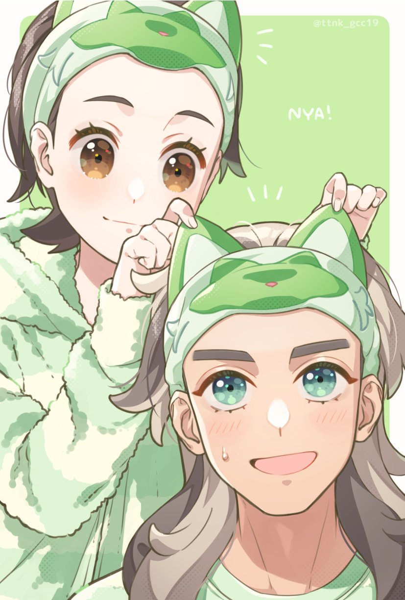 1boy, 1girl, arven_(pokemon), brown_eyes, brown_hair, green_eyes, hairband, highres, juliana_(pokemon), light_brown_hair, long_hair, multicolored_hair, open_mouth, pokemon, pokemon_sv, short_hair, ttnk_gc19, two-tone_hair