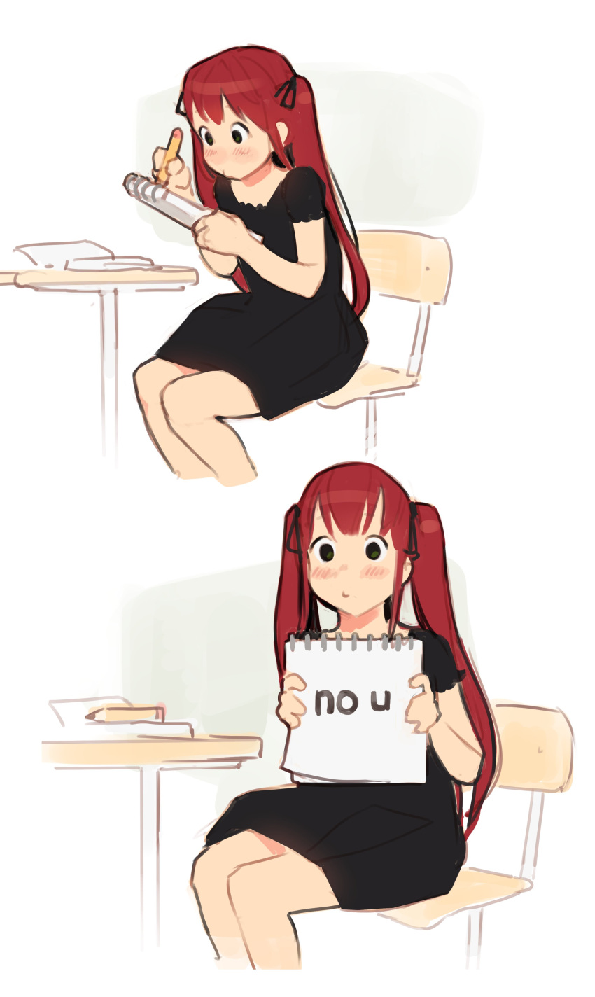 1girl, absurdres, black_dress, black_ribbon, chair, commentary, commission, cropped_legs, desk, dress, english_commentary, english_text, hair_ribbon, highres, holding, holding_notepad, long_hair, looking_at_viewer, luimiart, no_u, notepad, original, pencil, puckered_lips, redhead, ribbon, school_chair, school_desk, short_sleeves, simple_background, sitting, sketch, twintails, white_background, writing
