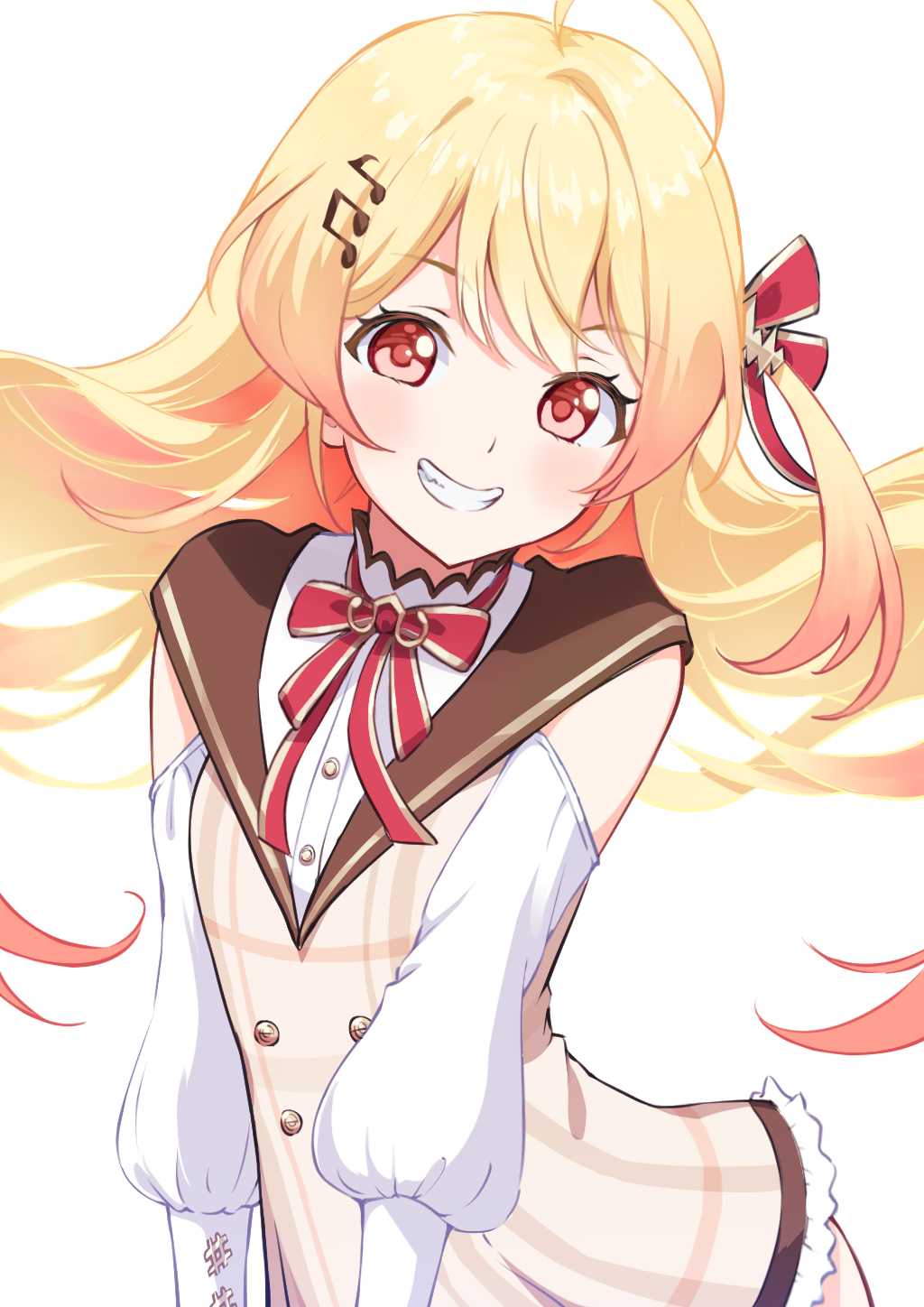 1girl, ahoge, aonikuro, blonde_hair, blush, brown_dress, commentary_request, dress