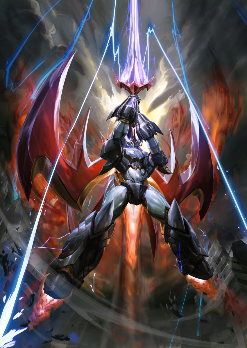 absurdres, character_name, copyright_name, crossover, full_body, great_mazinkaiser, highres, iron_saga, logo, mazinger_(series), mecha, no_humans, official_art, robot, science_fiction, second-party_source, shin_mazinger_zero, solo