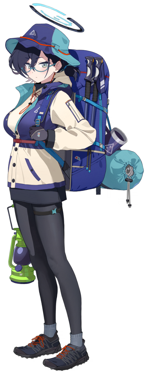 1girl, aqua-framed_eyewear, bag, blue-framed_eyewear, blue_archive, blue_hair, chihiro_(blue_archive), chihiro_(camp)_(blue_archive)