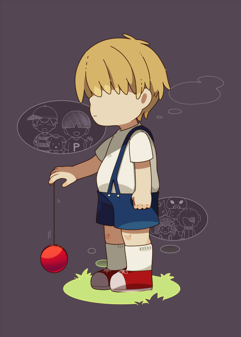 0mzum1, 1boy, blonde_hair, blue_shorts, character_request, closed_mouth, commentary_request, frown