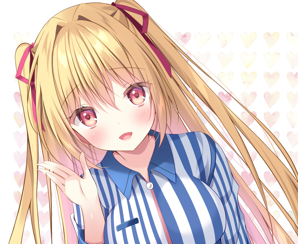 1girl, alternate_breast_size, blonde_hair, blush, breasts, close-up, collared_shirt, commentary_request