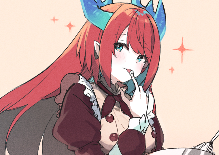 1girl, apron, blue_eyes, bowl, dragon_girl, dragon_horns, duel_monster, frilled_apron