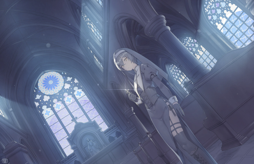 1girl, black_hair, black_thighhighs, boots, church, cross, cross_necklace, dutch_angle