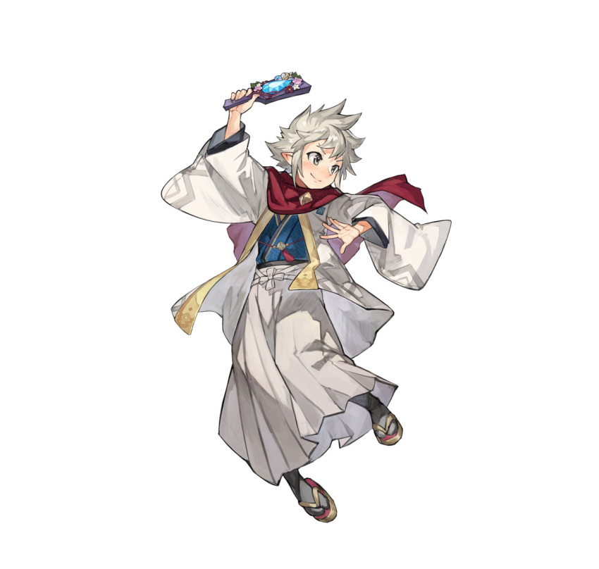 1boy, attack, dragonstone, fire_emblem, fire_emblem_heroes, grey_eyes, hagoita, japanese_clothes, kana_(fire_emblem), kana_(male)_(fire_emblem), kana_(male)_(rising_dragon)_(fire_emblem), kimono, non-web_source, official_alternate_costume, official_art, paddle, scarf, smile, solo, spiky_hair, v-shaped_eyebrows, white_hair