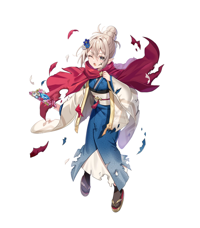 1girl, blue_kimono, damaged, facepaint, fire_emblem, fire_emblem_fates, fire_emblem_heroes, flower, grey_eyes, grey_hair, hagoita, hair_bun, hair_flower, hair_ornament, haori, highres, japanese_clothes, kana_(female)_(fire_emblem), kana_(female)_(rising_sunlight)_(fire_emblem), kana_(fire_emblem), kimono, non-web_source, official_alternate_costume, official_art, one_eye_closed, open_mouth, paddle, sandals, solo, torn_clothes, torn_kimono
