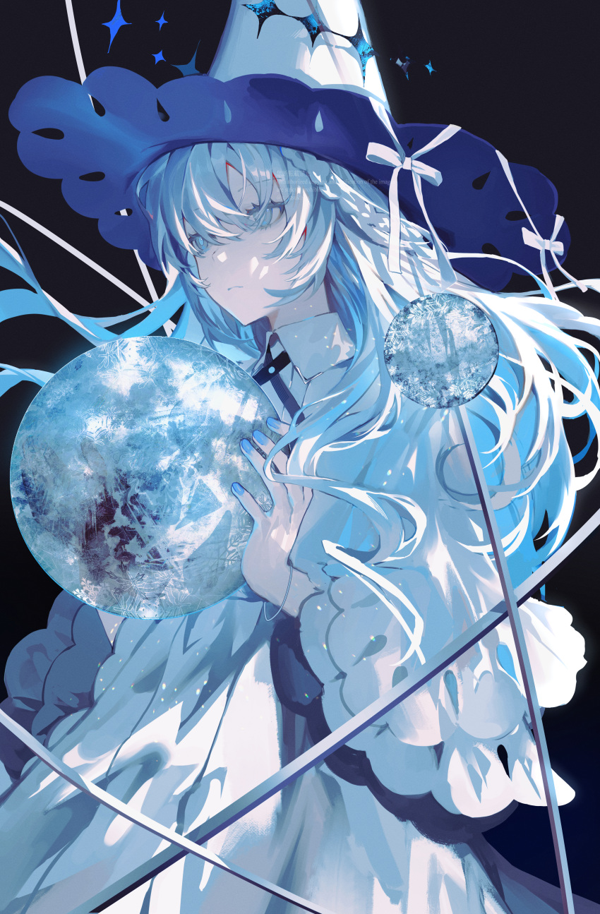 1girl, absurdres, black_background, blue_hair, blue_nails, bow, colored_inner_hair, commentary_request