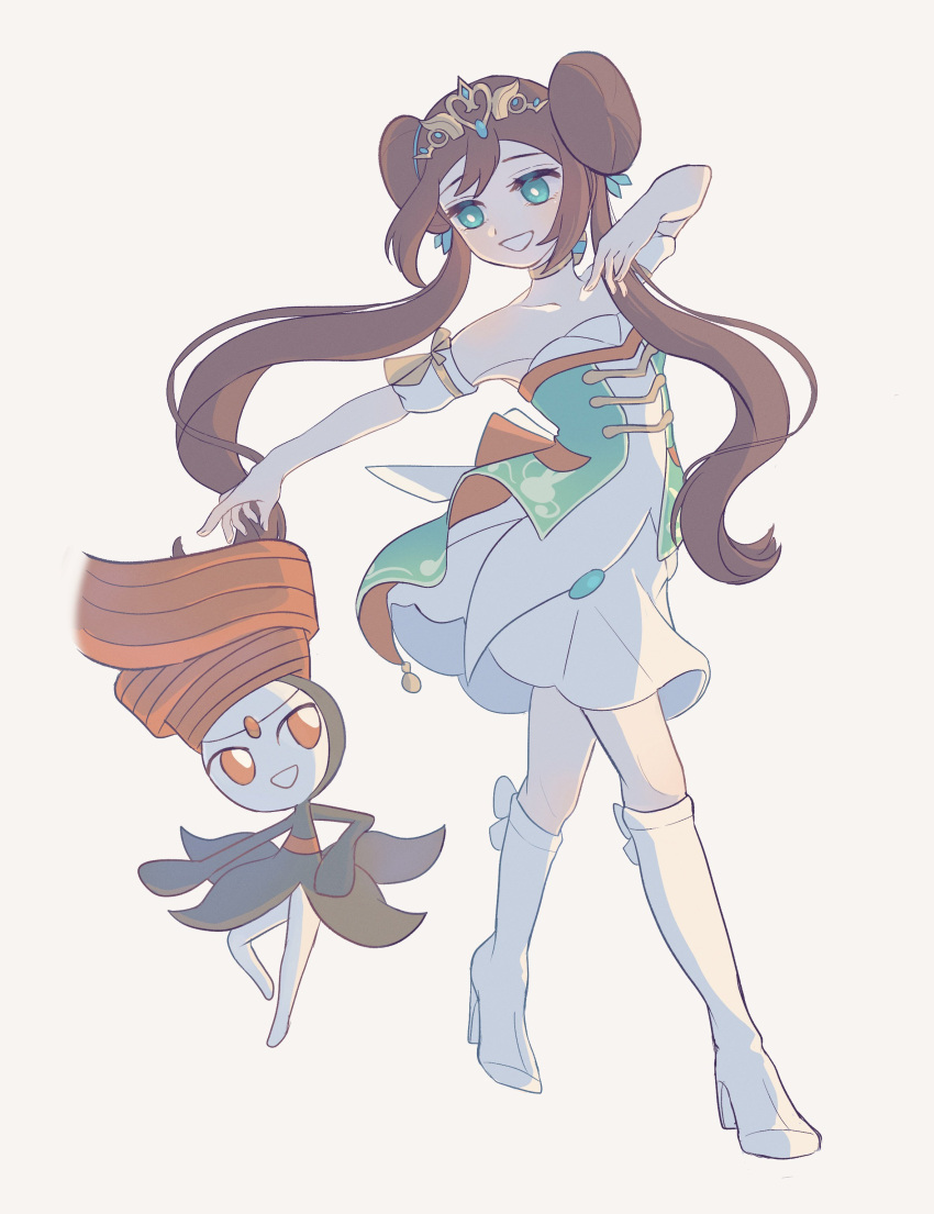 1girl, absurdres, armlet, bare_shoulders, boots, bright_pupils, brown_hair, choker, collarbone, commentary_request, double_bun, dress, eyelashes, green_eyes, grin, hair_bun, hand_up, highres, knee_boots, knees, long_hair, looking_down, meloetta, meloetta_(pirouette), official_alternate_costume, pokemon, pokemon_(creature), pokemon_masters_ex, rosa_(champion)_(pokemon), rosa_(pokemon), ryusa_(gjgd7445), smile, teeth, tiara, twintails, white_background, white_dress, white_footwear, white_pupils