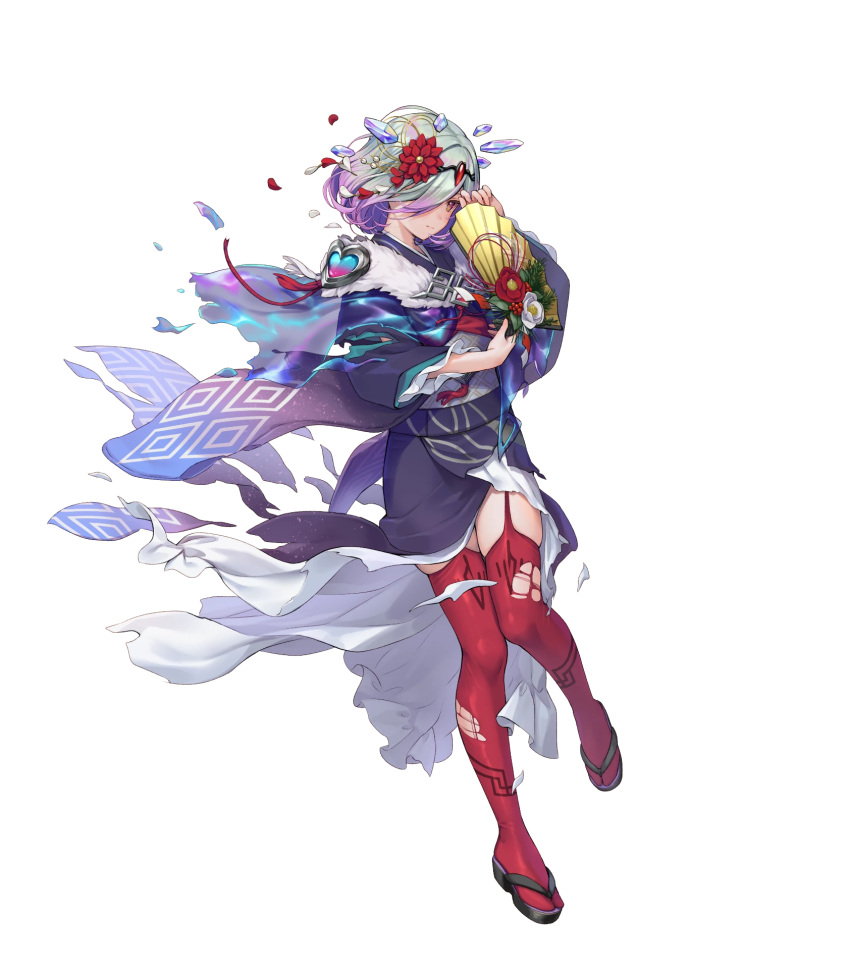 1girl, crystal, damaged, fire_emblem, fire_emblem_heroes, flower, green_eyes, grey_hair