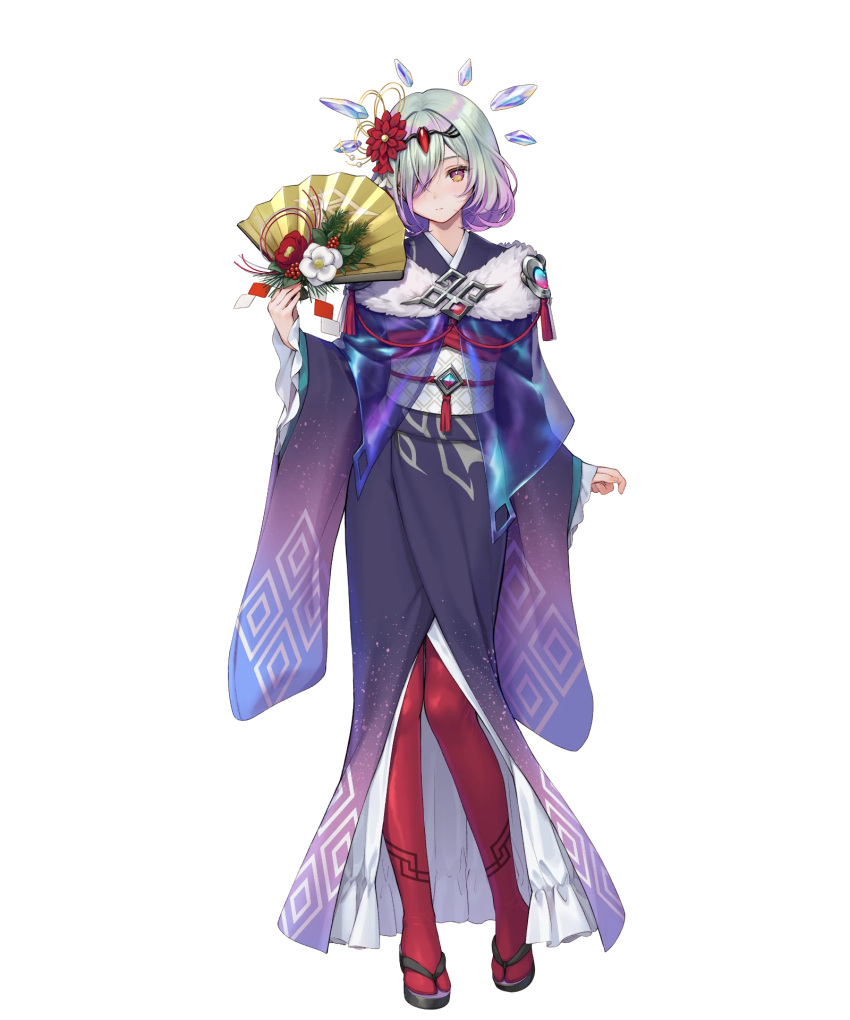 1girl, crystal, fire_emblem, fire_emblem_heroes, flower, green_eyes, grey_hair, hair_flower