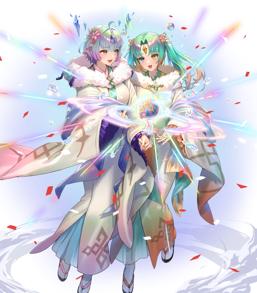 2girls, ahoge, aqua_eyes, ball, breasts, bubble, crystal, cuboon