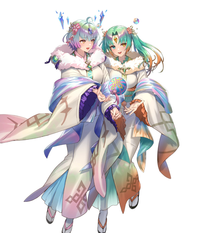 2girls, ahoge, aqua_eyes, ball, breasts, bubble, crystal, cuboon