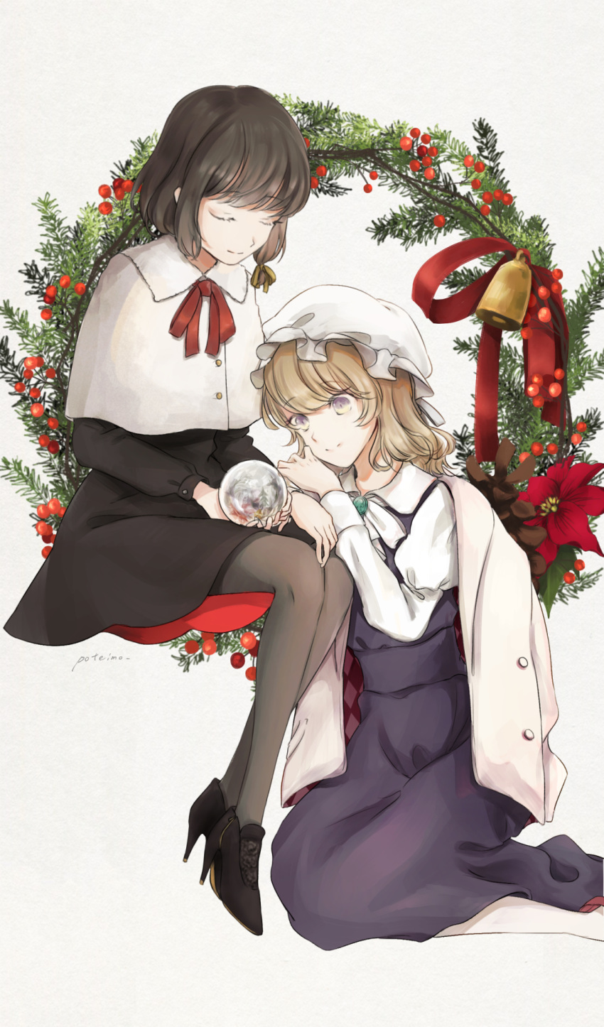 2girls, black_dress, black_footwear, black_hair, black_pantyhose, blonde_hair, capelet, christmas