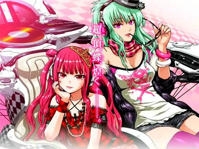 2girls, beatmania, green_eyes, green_hair, magenta_eyes, red_dress, red_eyes, red_hair