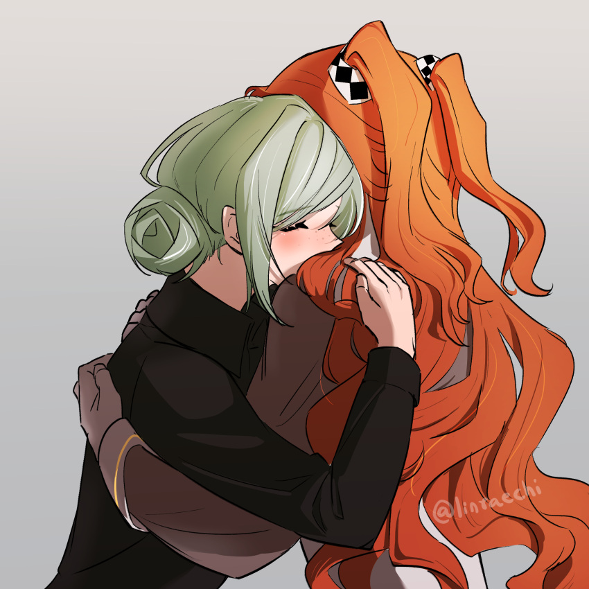 2girls, black_coat, checkered_ribbon, closed_eyes, coat, commentary, dress, freckles, green_hair, grey_background, grey_dress, hair_bun, hair_ribbon, hand_on_another's_back, hand_on_another's_shoulder, highres, hug, linraechi, long_hair, long_sleeves, multiple_girls, orange_hair, reverse:1999, ribbon, simple_background, single_side_bun, sonetto_(reverse:1999), twitter_username, two_side_up, upper_body, vertin_(reverse:1999), yuri