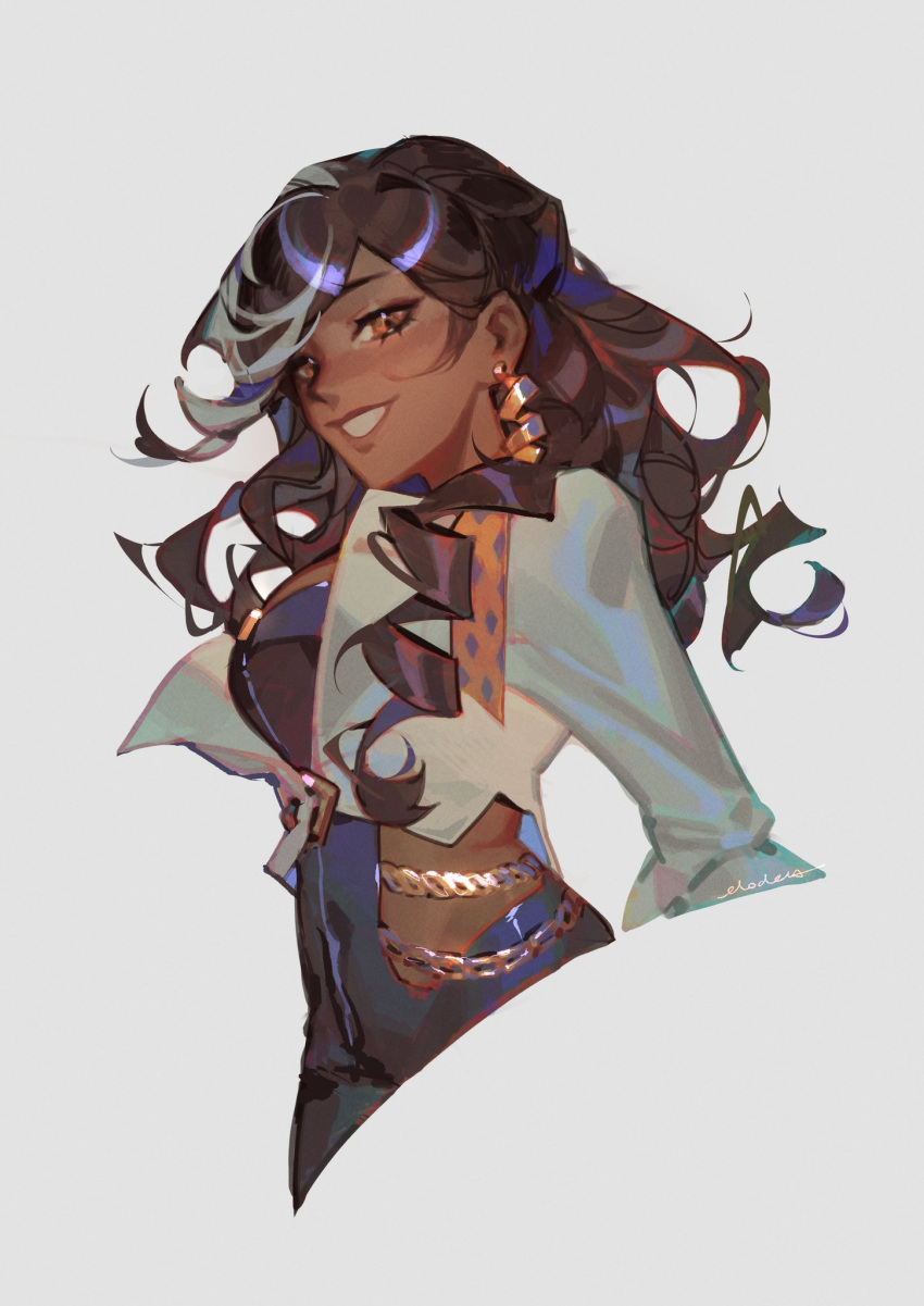 1girl, black_bodysuit, bodysuit, brown_eyes, brown_hair, centurion_(reverse:1999), chain, clothing_cutout, commentary, cropped_jacket, cropped_torso, dark-skinned_female, dark_skin, earrings, elodeas, grey_hair, highres, jacket, jewelry, long_hair, long_sleeves, multicolored_hair, open_mouth, reverse:1999, side_cutout, signature, smile, solo, streaked_hair, upper_body, white_jacket