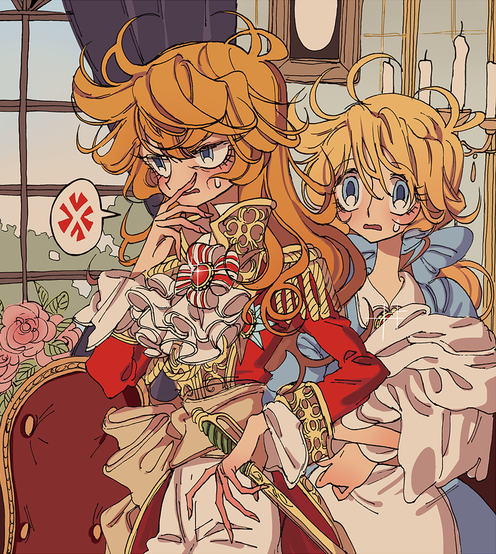 2girls, anger_vein, annoyed, ascot, blonde_hair, blue_dress, blue_eyes, candle